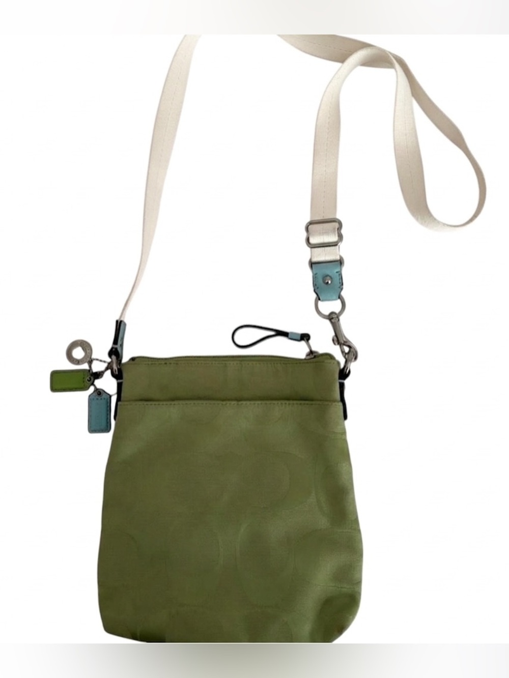 Vintage Coach Signature Nylon Swingpack Crossbody Lime Green Blue Y2K Charm Trio - Picture 2 of 6